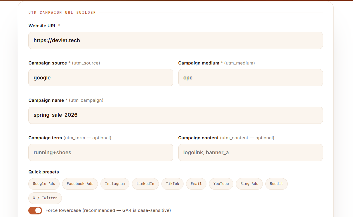 Free UTM builder by Devlet Tech — GA4 campaign URL generator with source, medium and campaign fields
